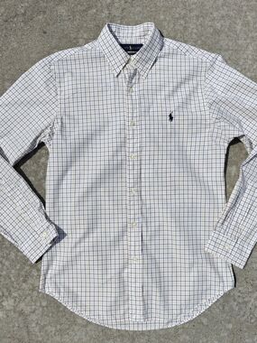 Ralph Lauren Cotton Dress Shirt Mens Medium Check Plaid Slim Fit Yellow Blue